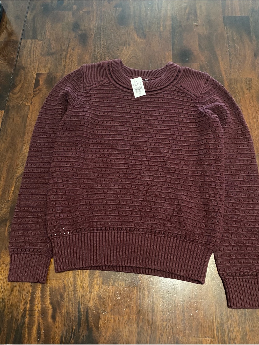 NWT LOFT Maroon 100% Cotton Open-Knit Crewneck Sweater